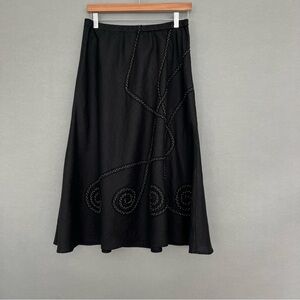 JM Collection Black Linen Scroll Pattern Beaded A Line Skirt